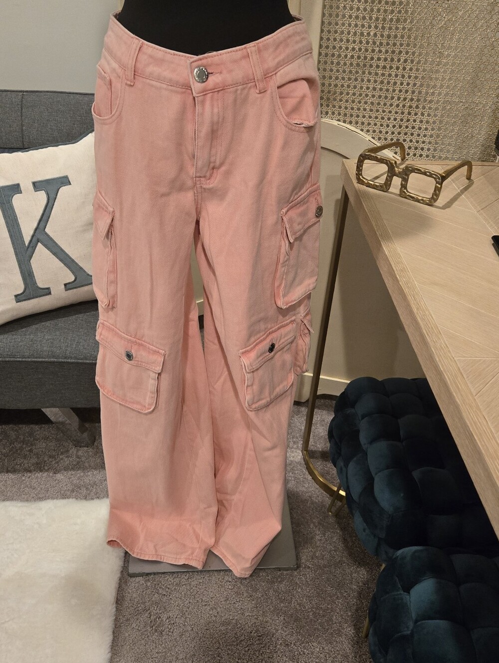 Wide Leg Cargo Jeans in Light Pink - Women - Picture 2 of 6